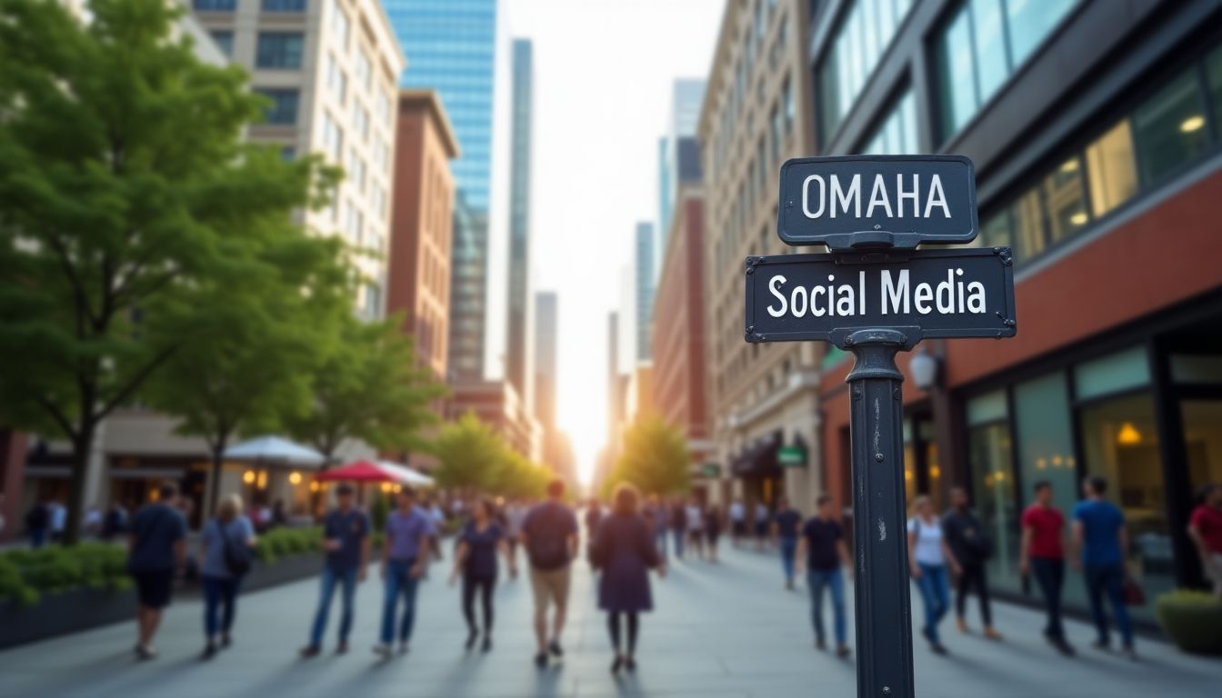 Downtown Omaha with a social media street sign.