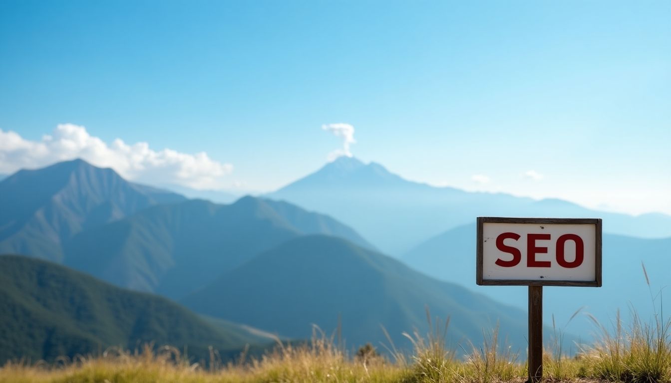 Mountains with a sign reading 'SEO' in the foreground.