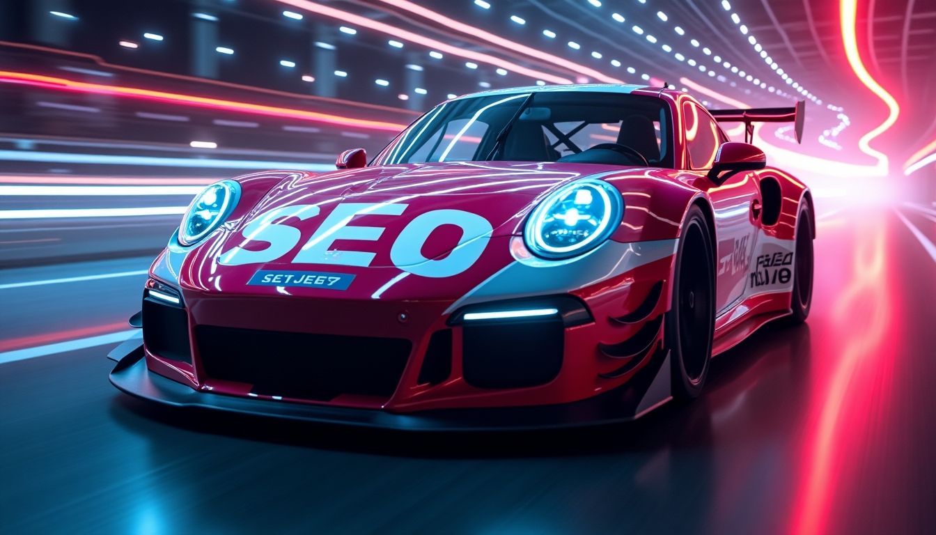Race car with 'SEO' on the hood, symbolizing optimization.