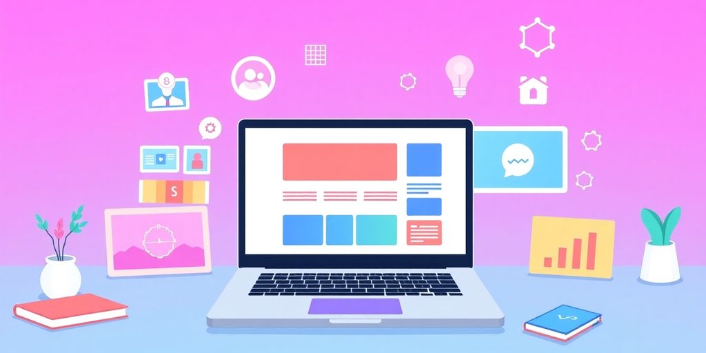 Laptop screen with website design and optimization icons.