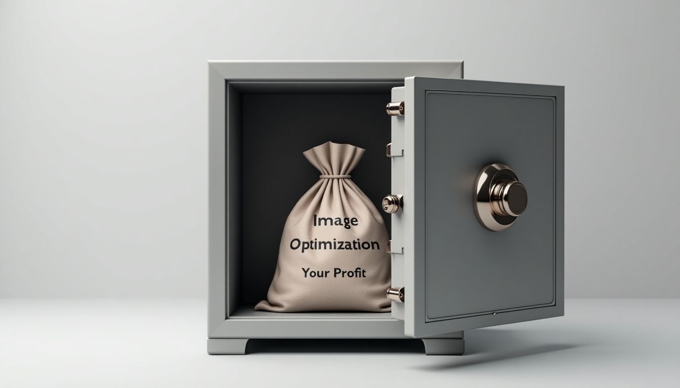 Open safe with 'Image Optimization' and bank bag inside.