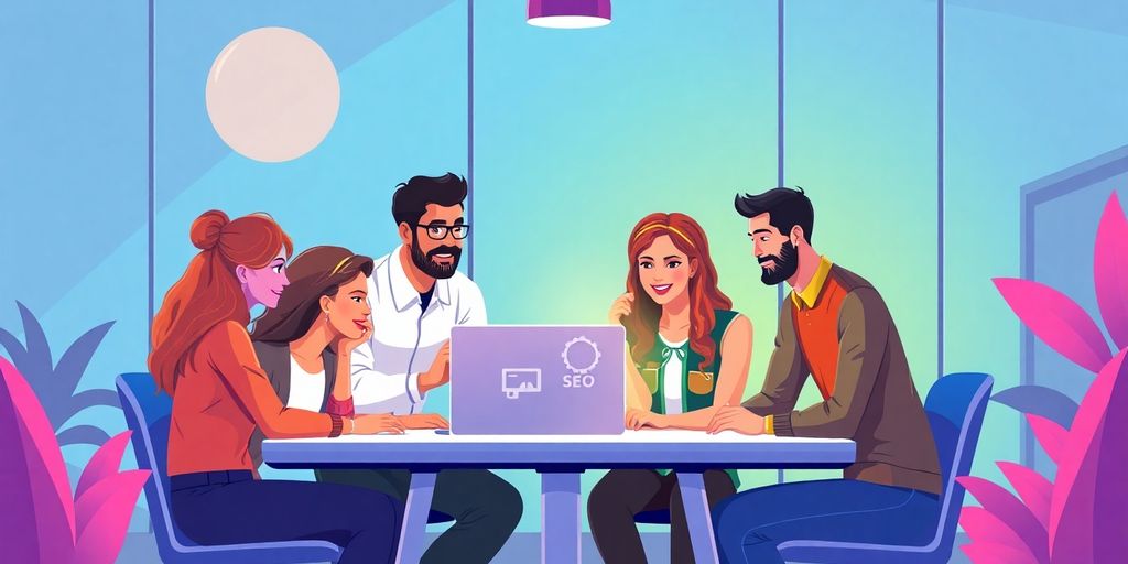 Diverse team collaborating on SEO strategies in an office.
