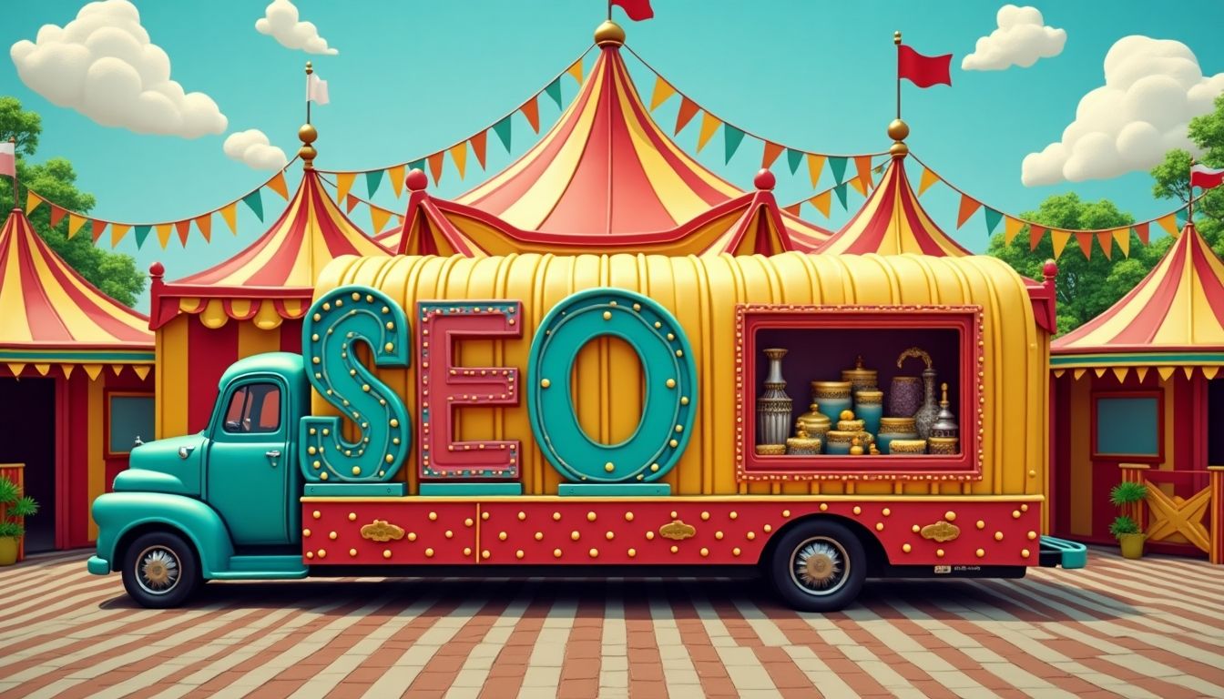Circus caravan truck with SEO written on the side.