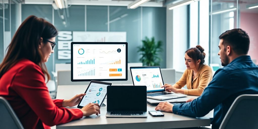 Professionals collaborating in a modern office environment.