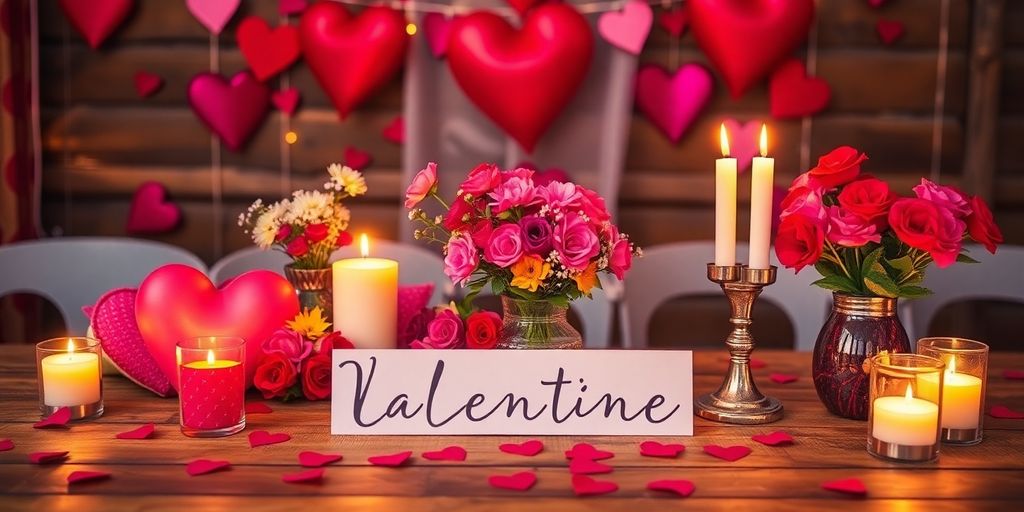 Heart decorations and flowers for Valentine's Day celebration.