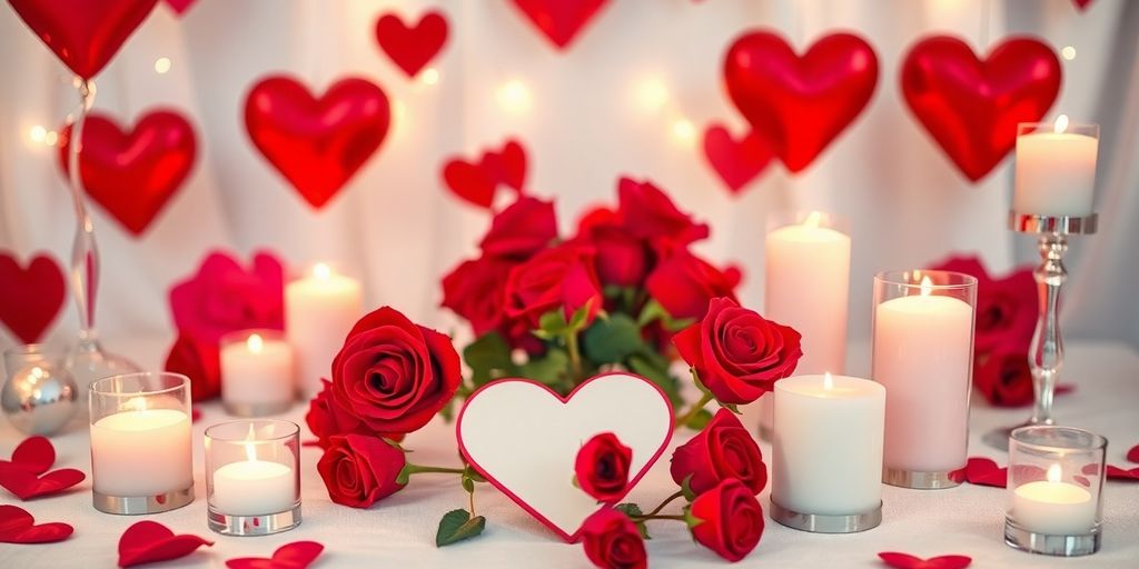 Valentine's Day decorations with hearts and candles.