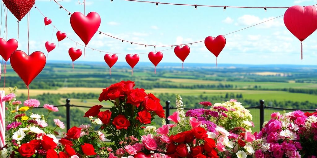 Valentine's Day decorations in scenic Nebraska landscape.