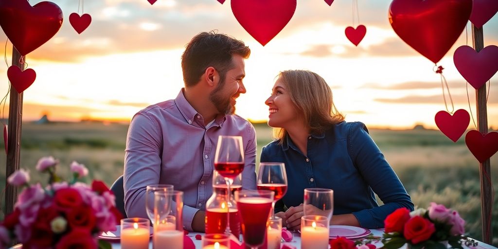 Couple celebrating Valentine's Day in a romantic setting.
