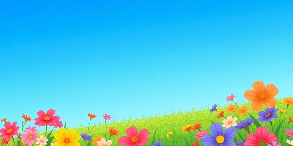 Vibrant spring landscape with sky blue background and flowers.