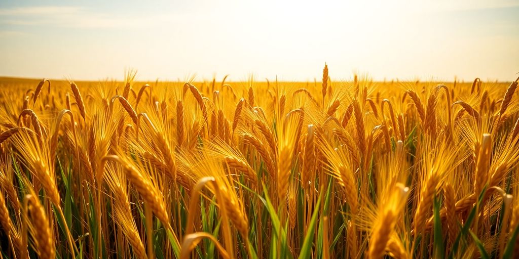Golden wheat fields in spring under a bright sky.