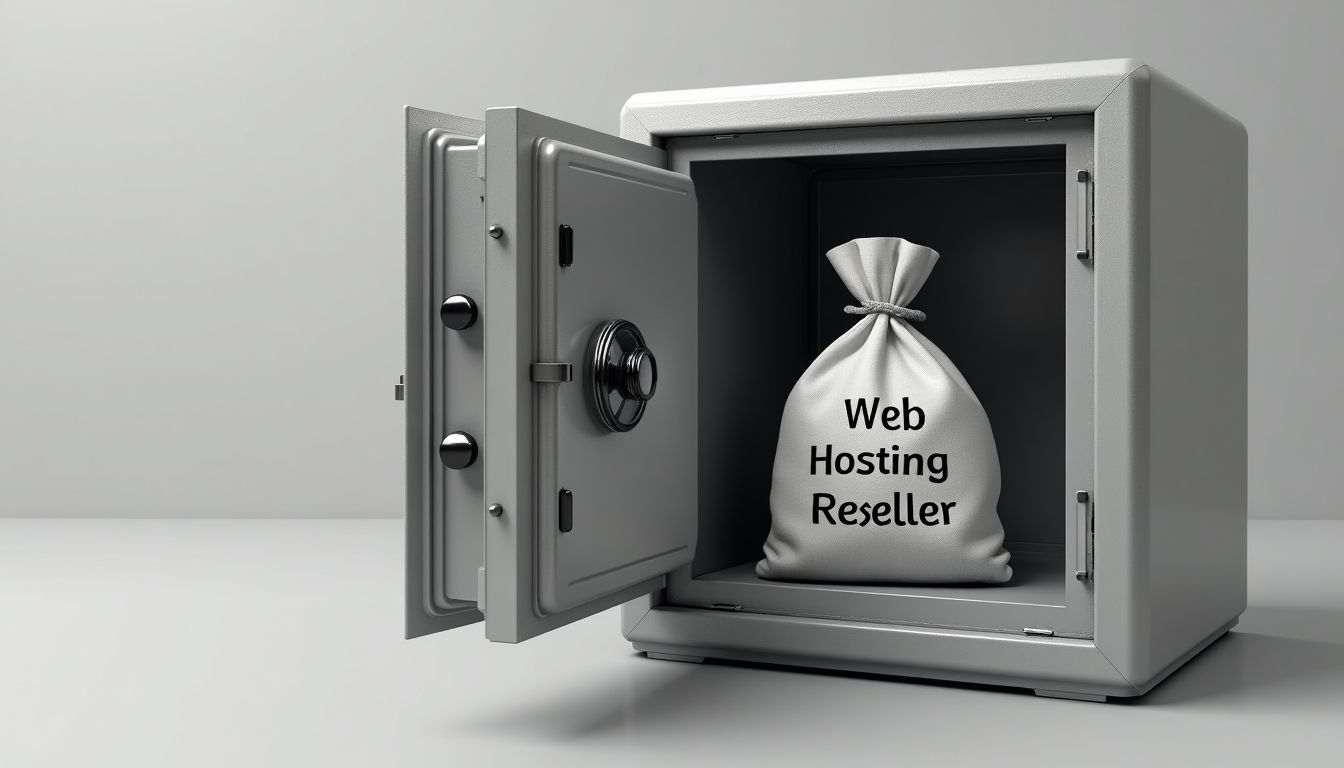 Open safe with a bank bag labeled 'Web Hosting Reseller'.