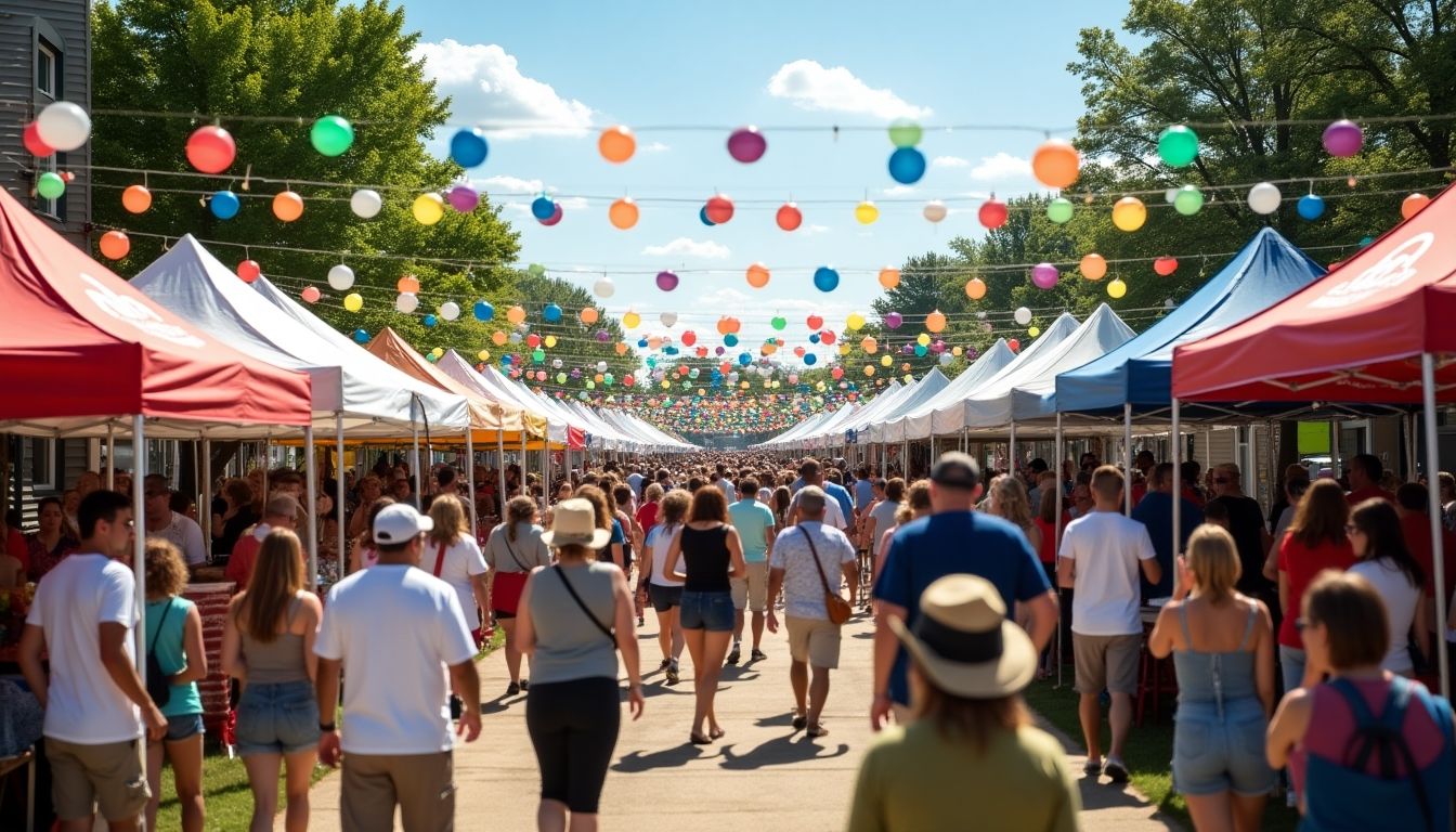 Outdoor festival in Nebraska with colorful tents and crowds.