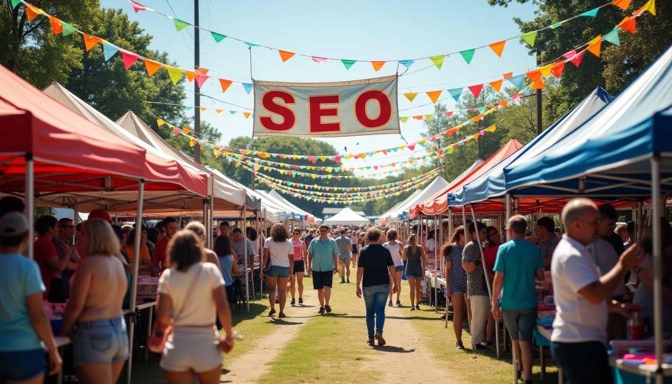 Festival scene with a banner saying 'SEO'.