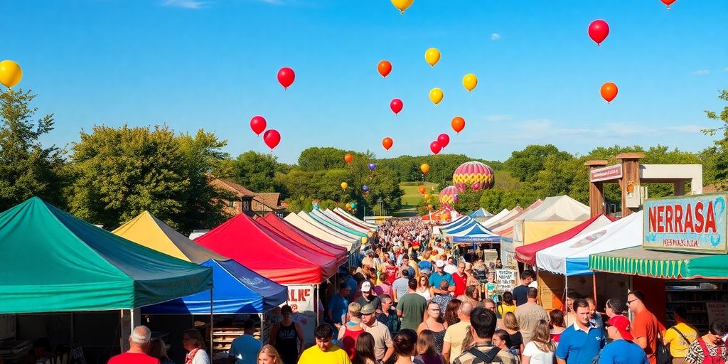 Colorful Nebraska festival with tents and lively crowds.