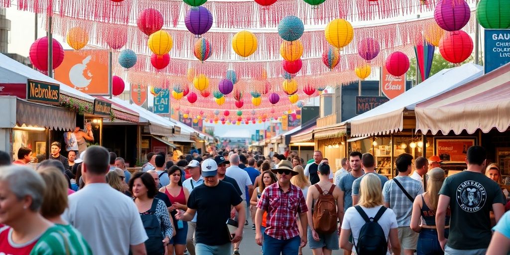 Festive Nebraska scene with colorful decorations and lively crowds.