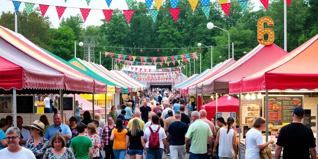 Colorful Nebraska festival with tents and enthusiastic attendees.