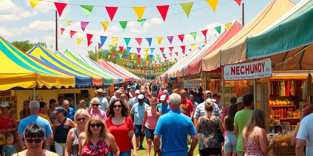 Nebraska festival with colorful tents and joyful attendees.