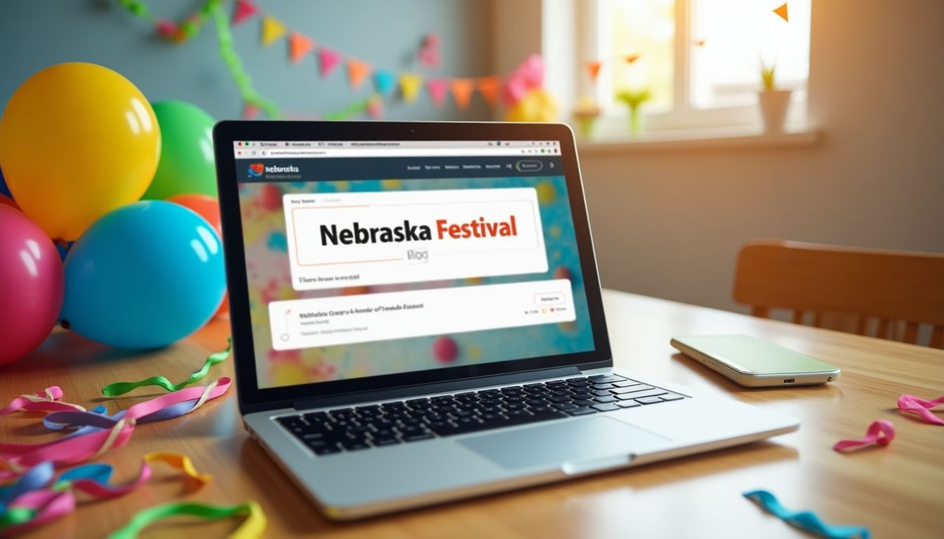 Laptop showing Nebraska Festival blog on screen.