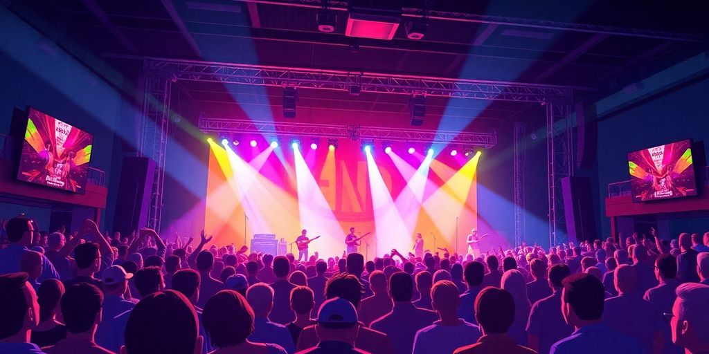 Lively concert scene with crowd and musicians in Nebraska.