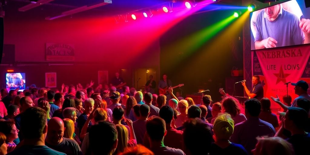 Concert scene at a Nebraska venue with audience and lights.