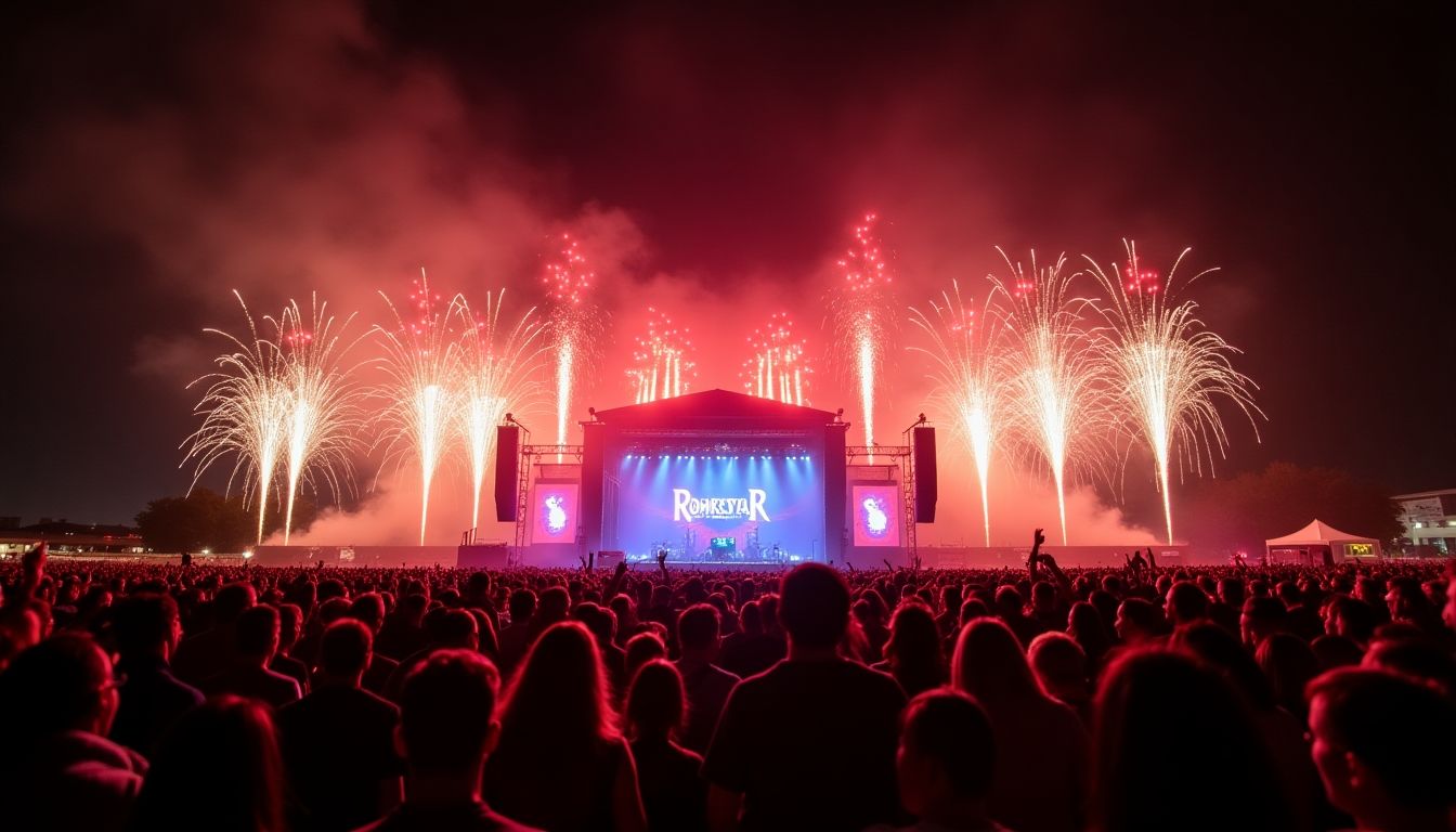 Fireworks at a concert spelling 'Rockstar' in the sky.