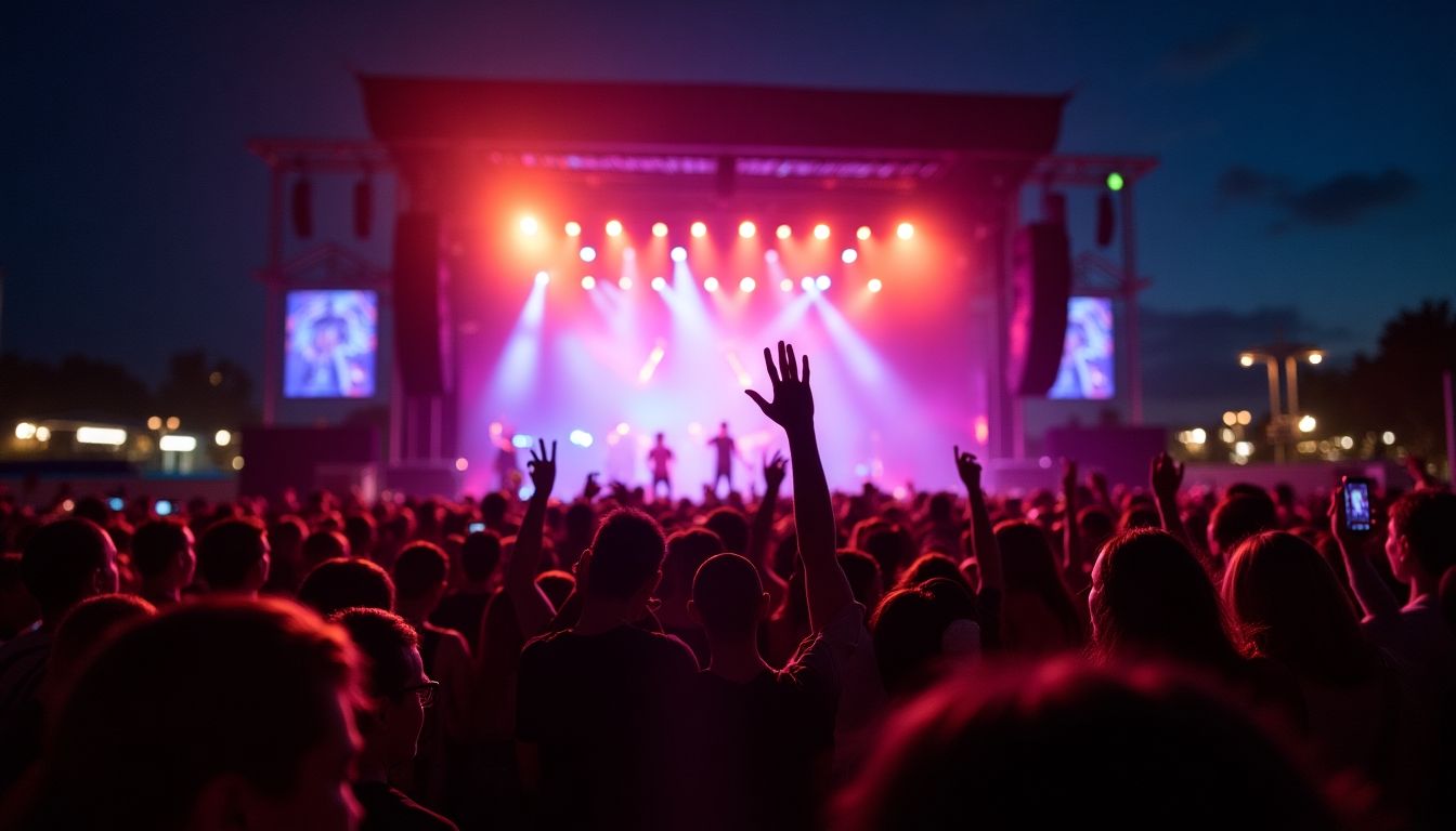 Outdoor rock concert with a lively crowd enjoying music.