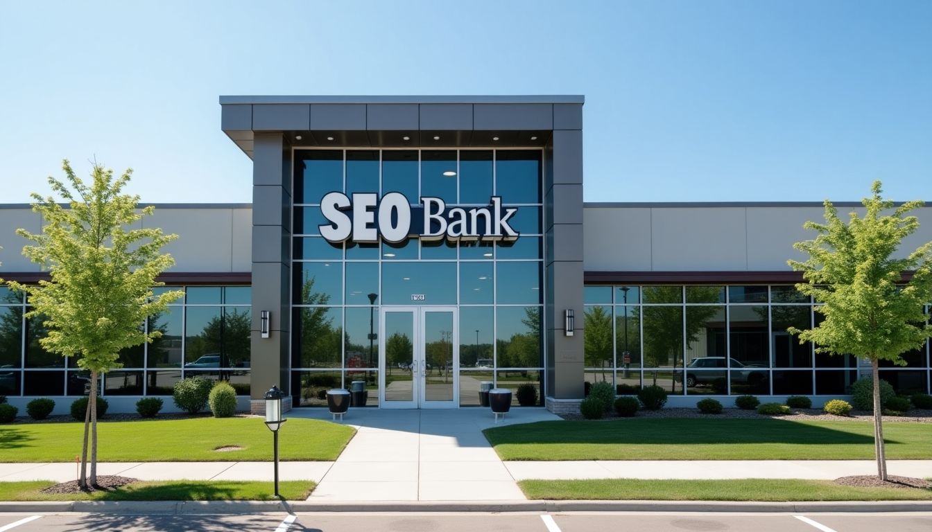Bank building with 'SEO Bank' sign.