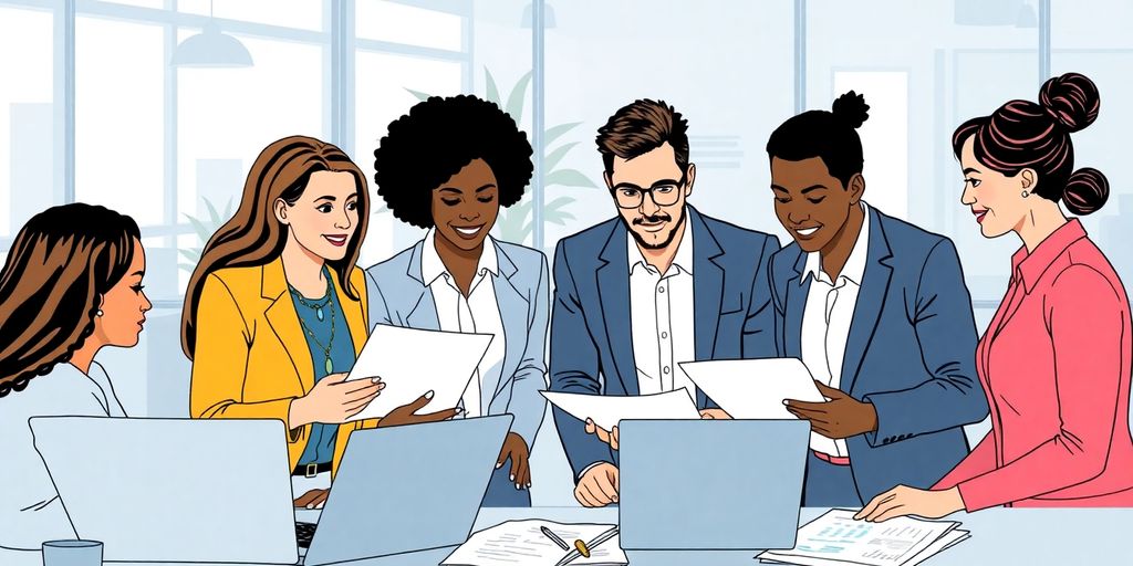 Team of professionals collaborating in a modern office.