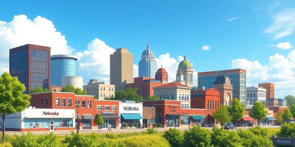 Illustrative image of Nebraska skyline with local businesses.