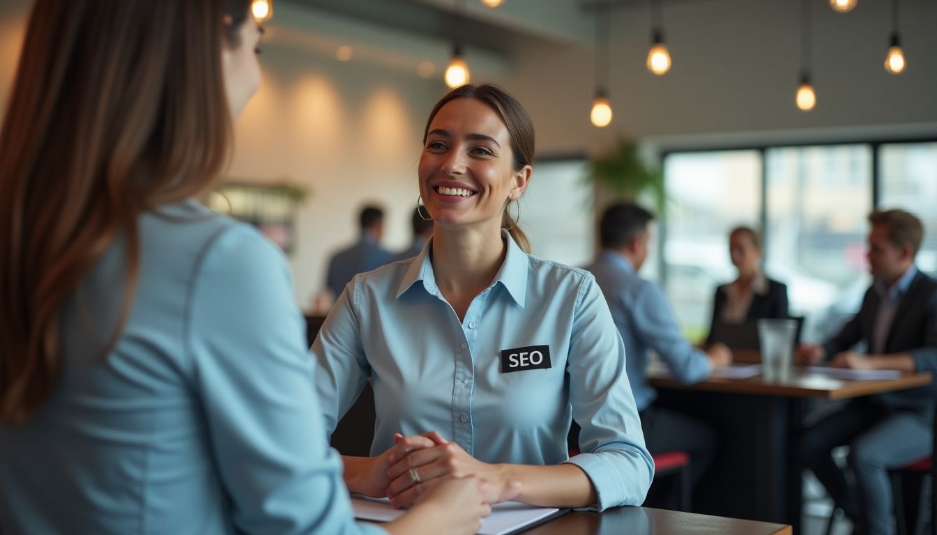 Bank teller wearing 'SEO' shirt in a bank setting.