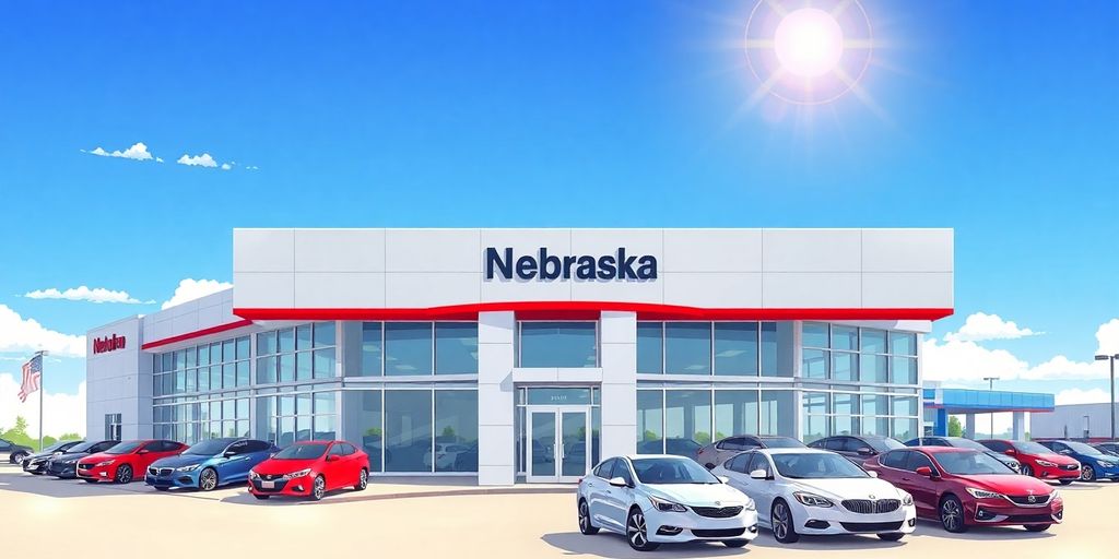 Car dealership in Nebraska with bright sky and cars.