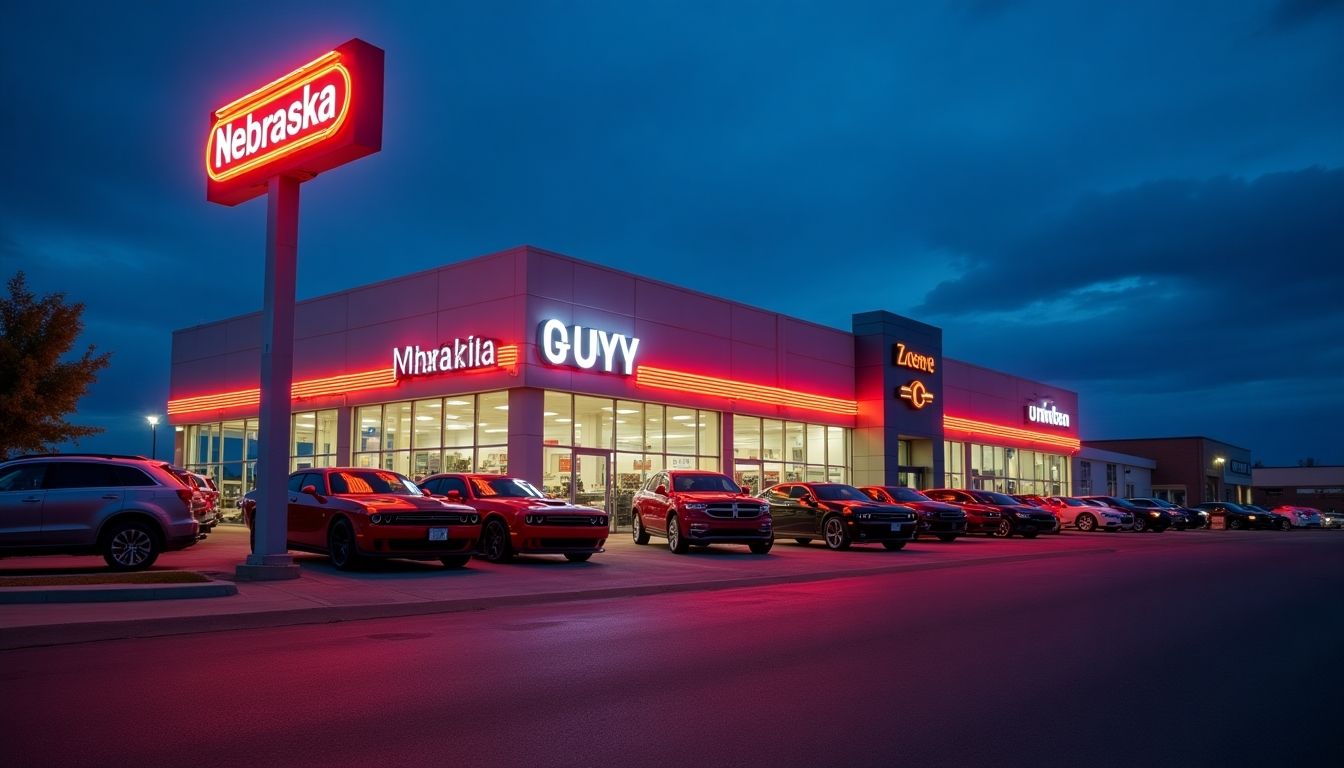 Car dealership in Nebraska with neon sign.