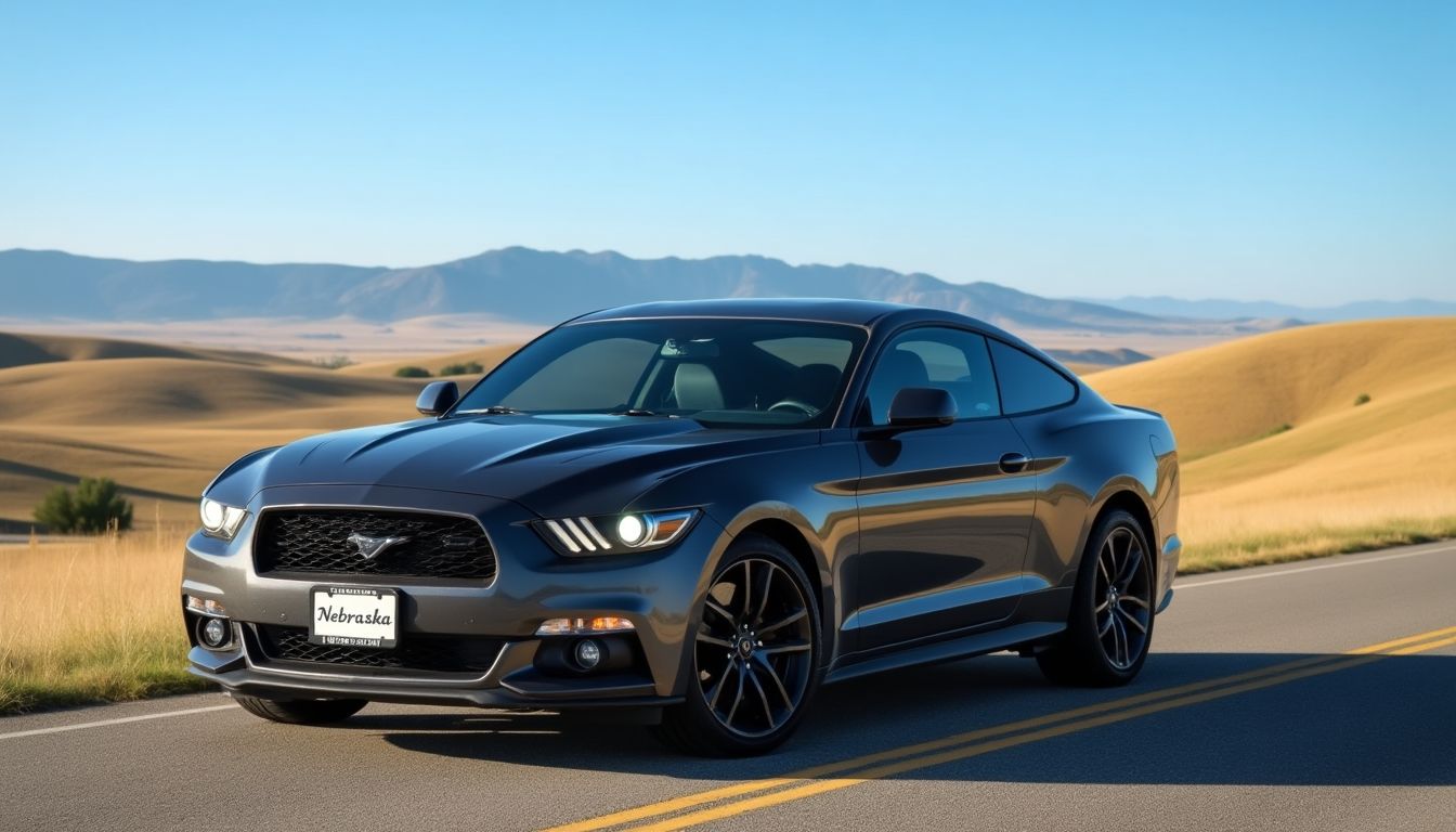 New car with Nebraska license plate on a scenic road.