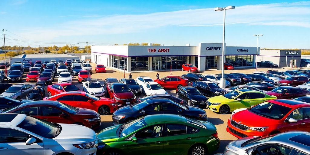 Colorful Nebraska auto dealership with diverse cars