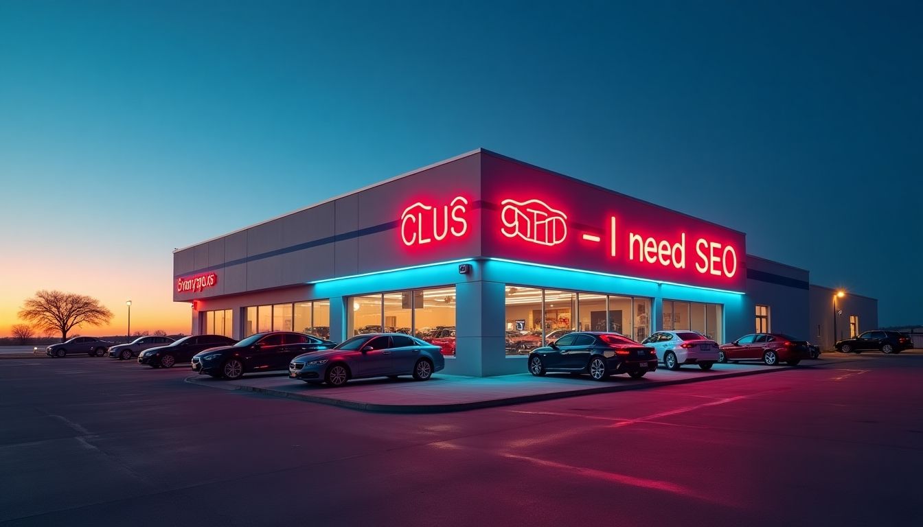 Car dealership with neon sign saying 'I need SEO'.