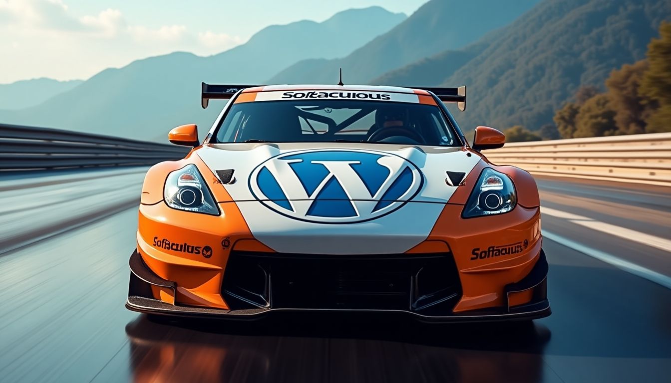 Race car featuring Softaculous logo on the hood.