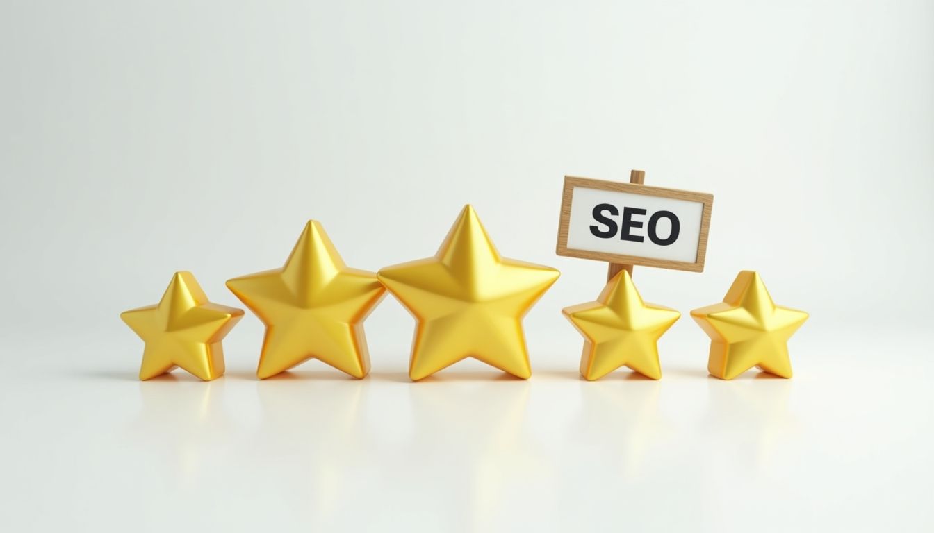 Five stars beside a sign that says SEO.