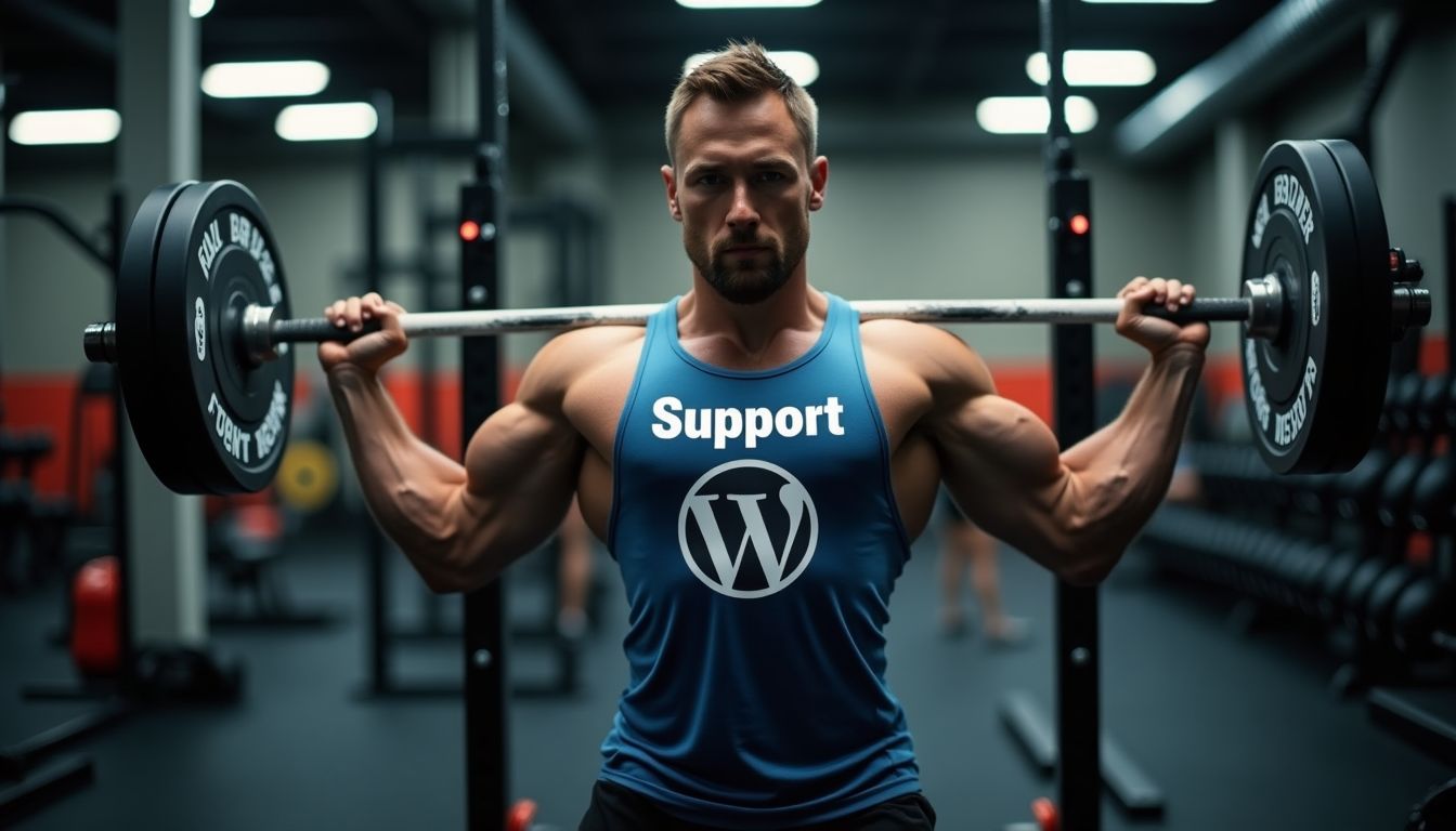 Weight lifter with WordPress logo barbells in gym.