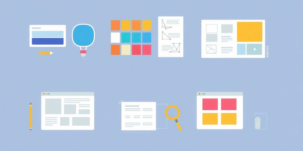 Illustration of web design elements and creative tools.