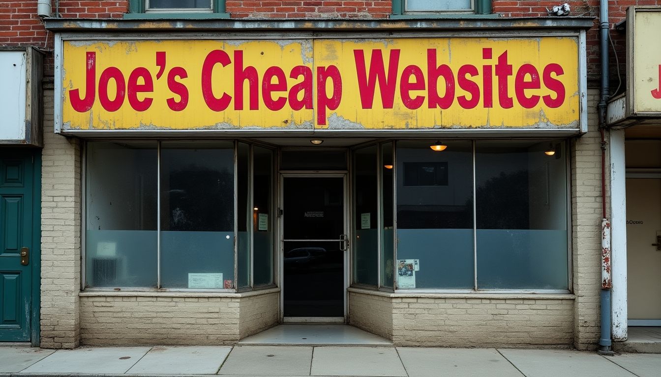 A broken store with a sign for cheap websites.