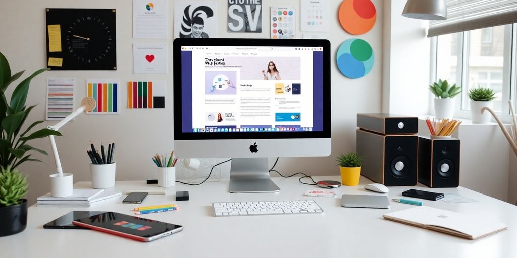 Bright workspace with computer and design tools.