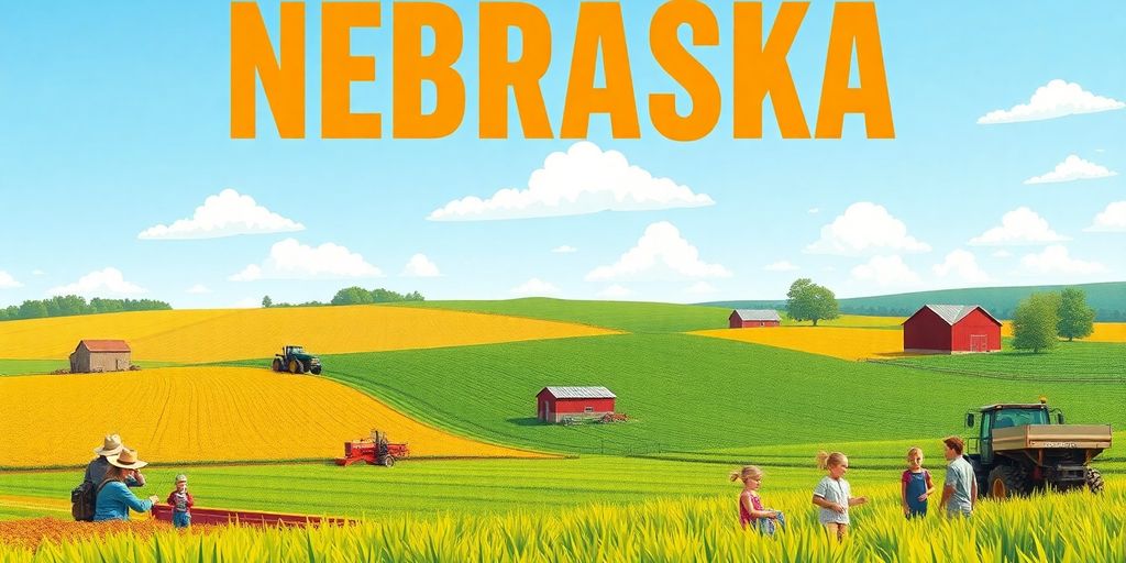 Vibrant Nebraska landscape with fields and families outdoors.