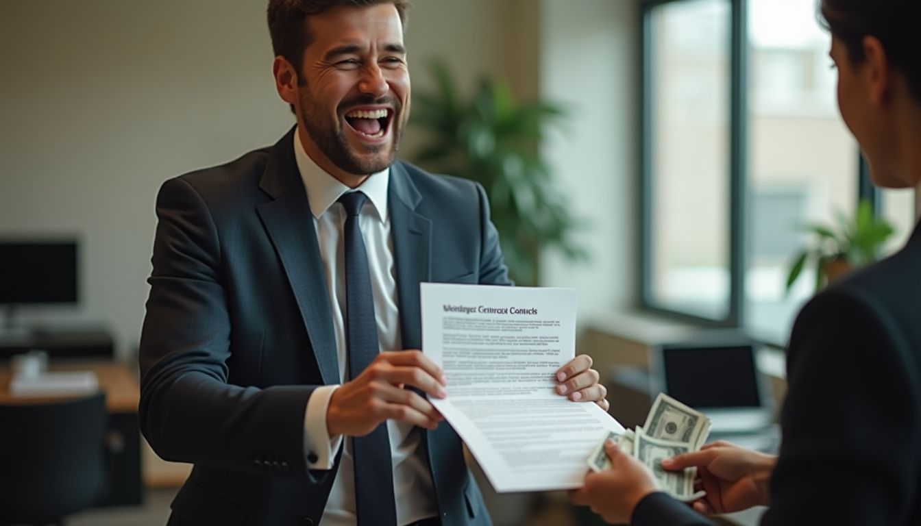 A laughing criminal handing over a website contract for cash.