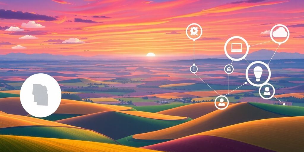 Vibrant Nebraska landscape with digital connection icons.