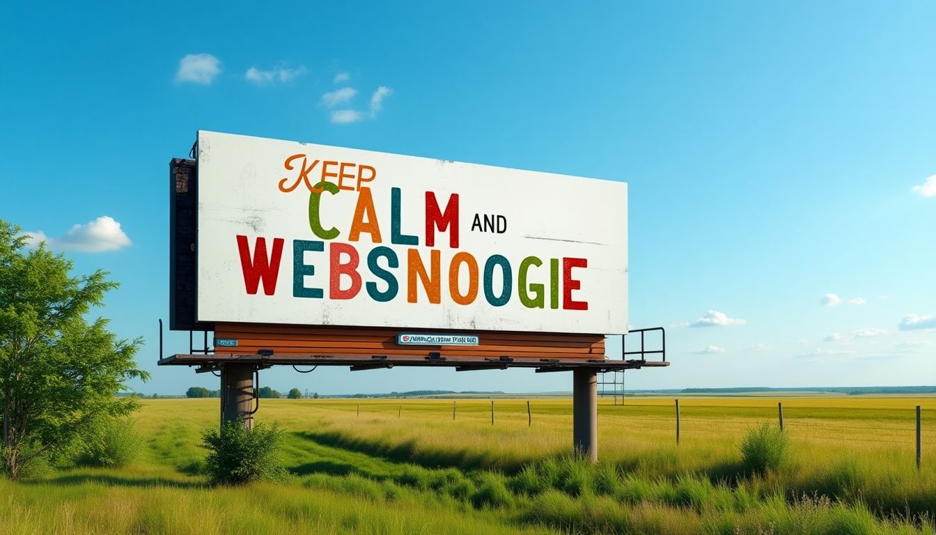 Colorful billboard with 'Keep Calm and Websnoogie' in Nebraska.