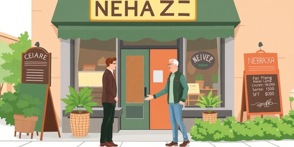 Local business owners shaking hands outside a Nebraska store.