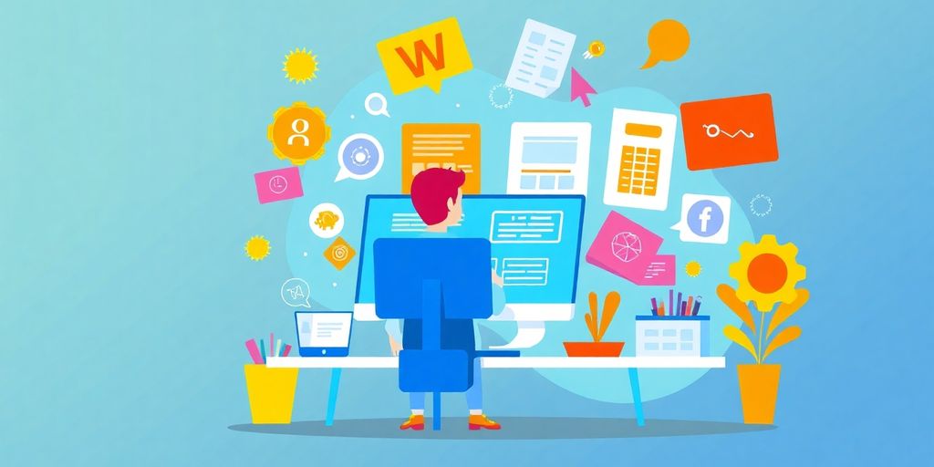 Designer at computer with colorful web design elements.