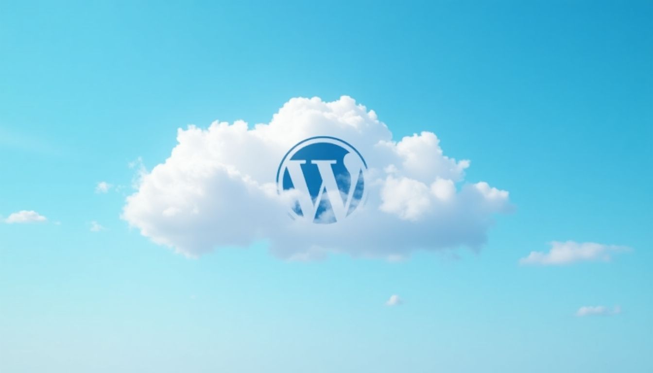 WordPress logo made of clouds in a blue sky.