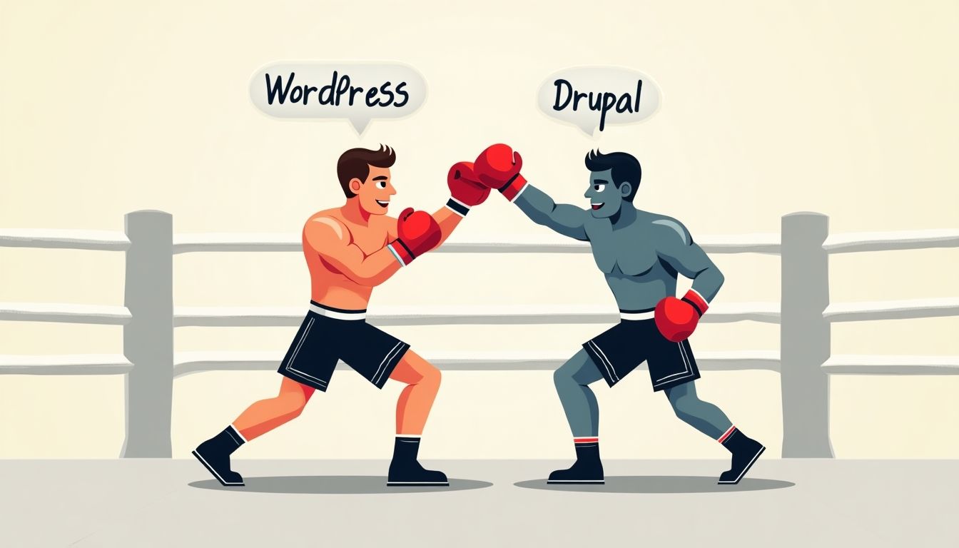 Two fighters labeled WordPress and Drupal in a ring.