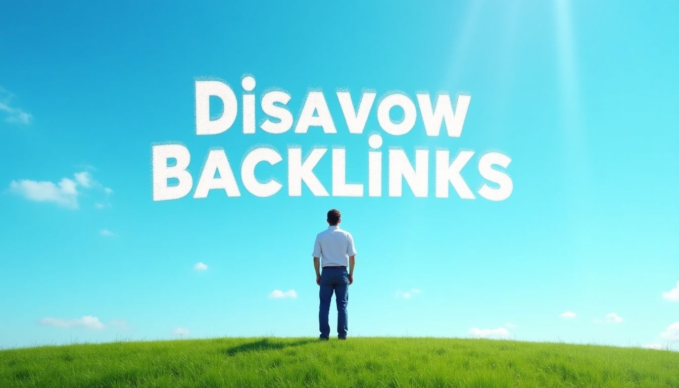 Man on hill with sky text 'Disavow Backlinks'.